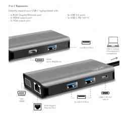 Slika izdelka: Priklopna postaja USB-C =>  3xUSB 3.0 tip A 1xUSB-C PD 100W 1xHDMI 1xVGA 1xRJ45 srebrn LogiLink (UA0410)